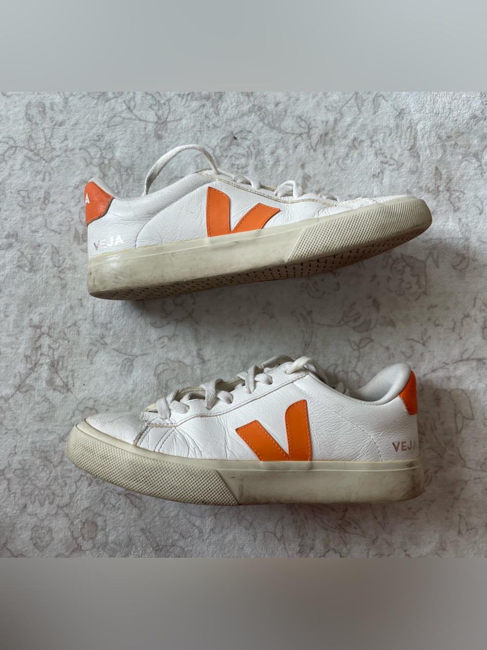 Veja White Leather Sneakers with Orange Accent - Picture 2 of 9